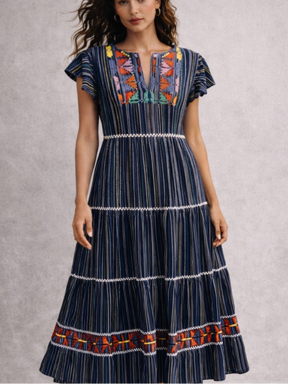 Anthropologie LAIA Embroidered Boho Tiered Midi Dress XS/S | Folk Stripe